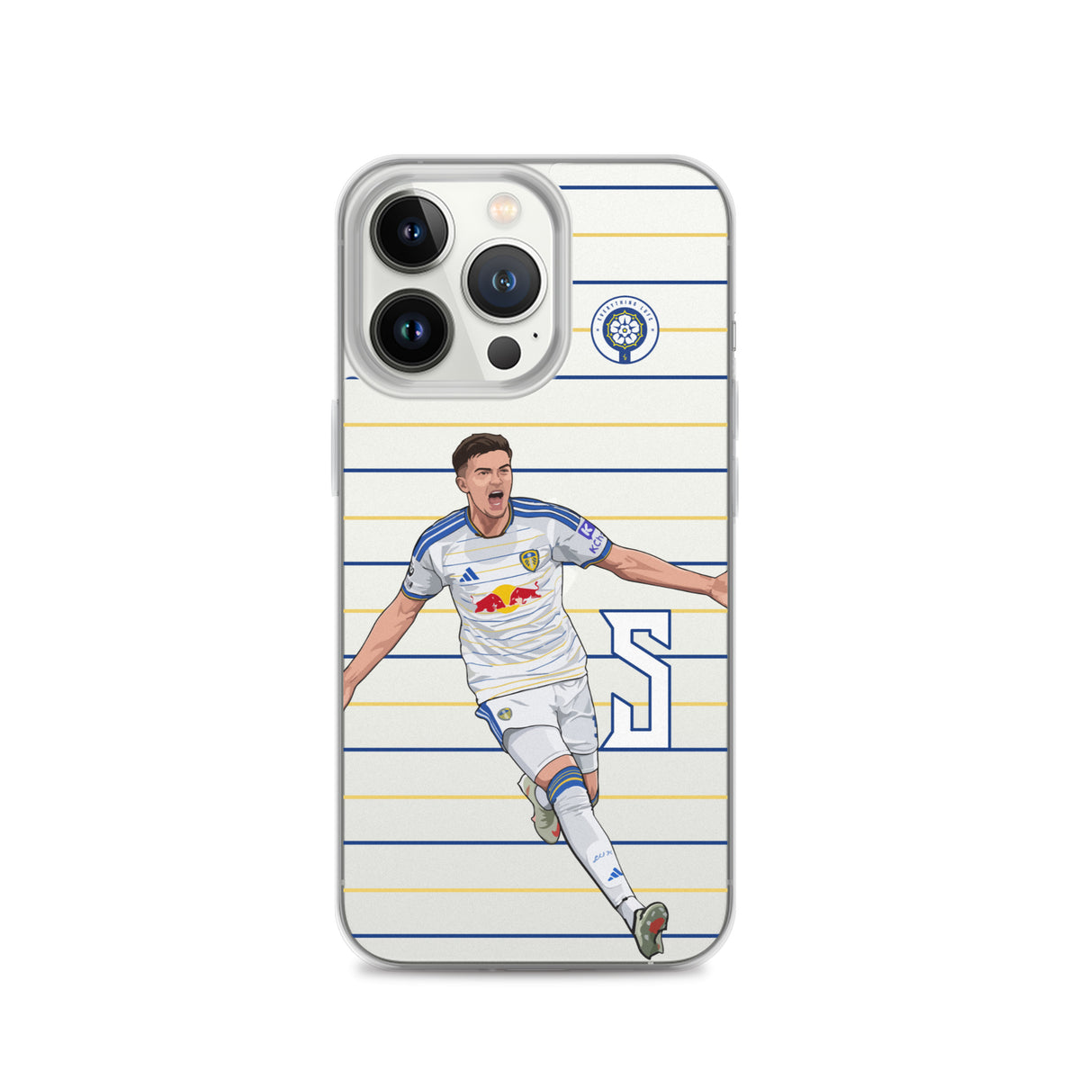 iPhone clear case with Leeds United player illustration on blue and yellow stripes
