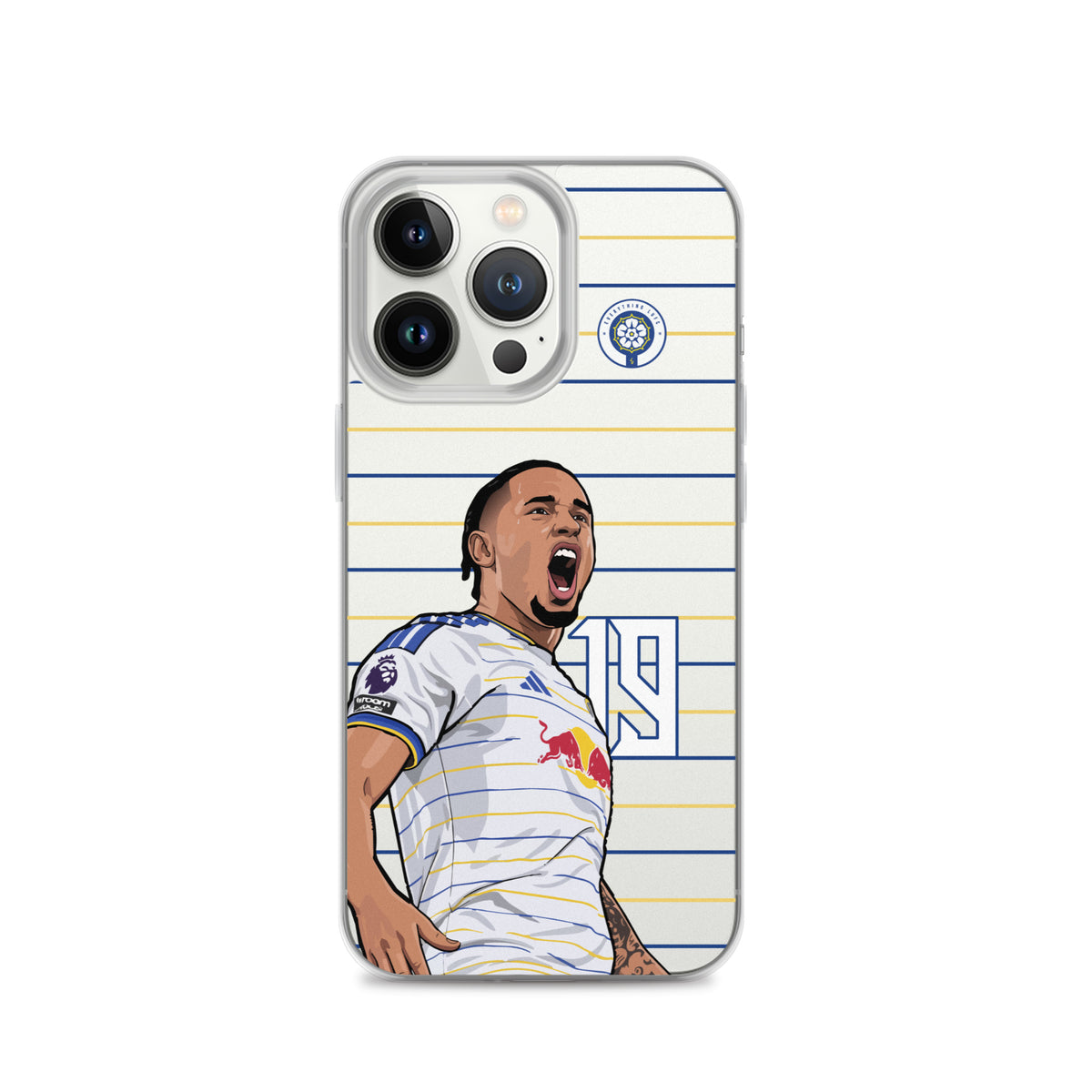Clear iPhone case showing soccer player celebration illustration on blue-and-yellow stripes