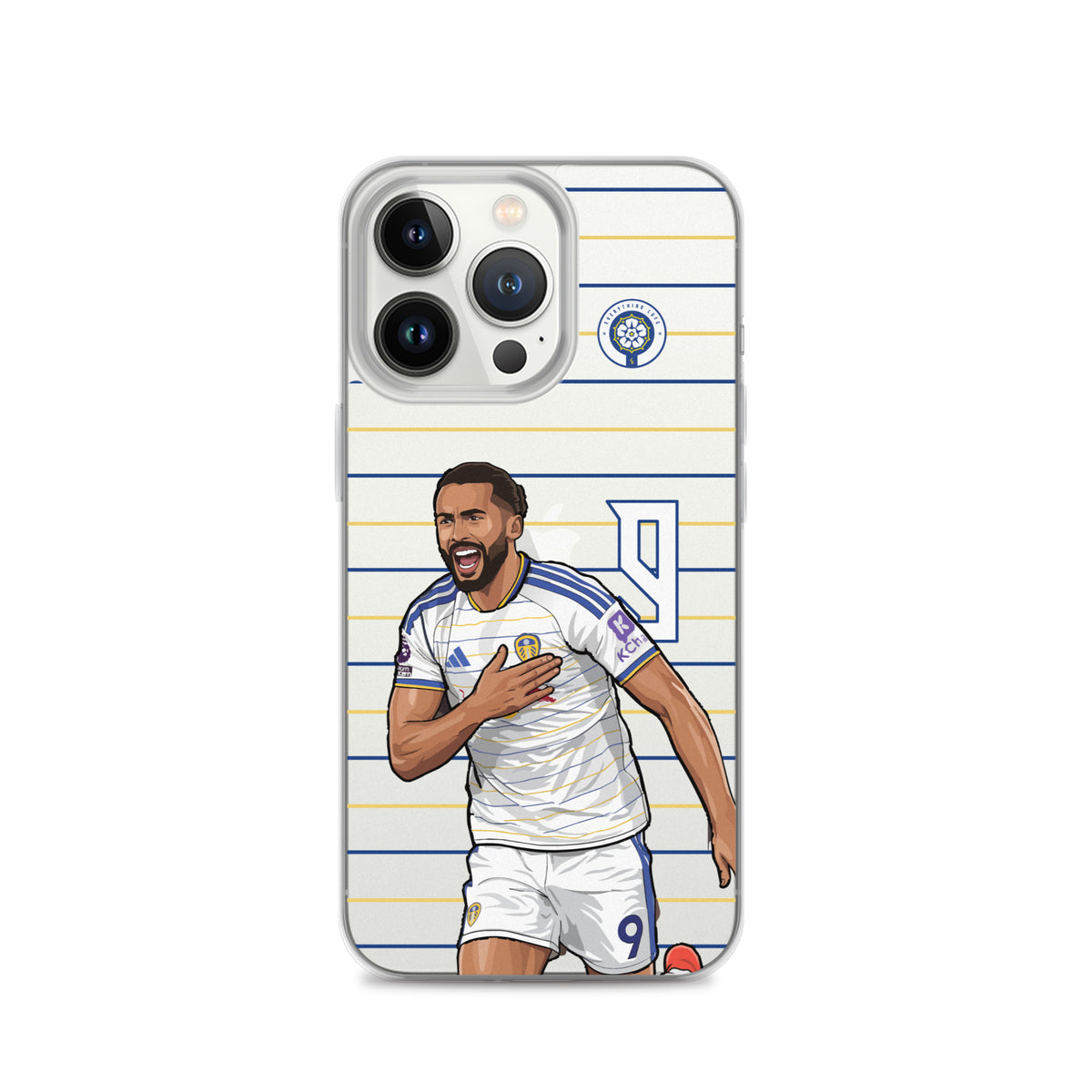 Clear iPhone case featuring Dominic Calvert-Lewin celebration graphic, close front view
