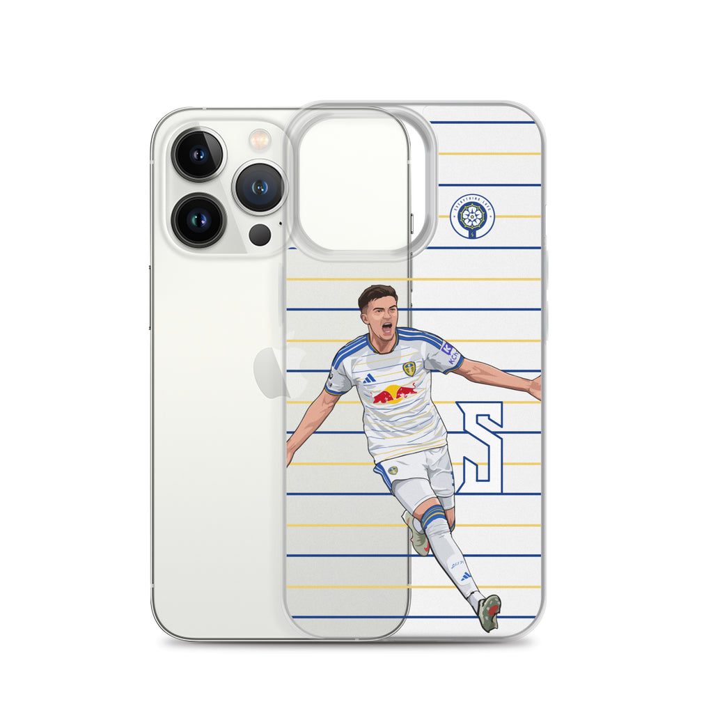 iPhone clear case with Leeds United graphic, front view showing camera cutouts