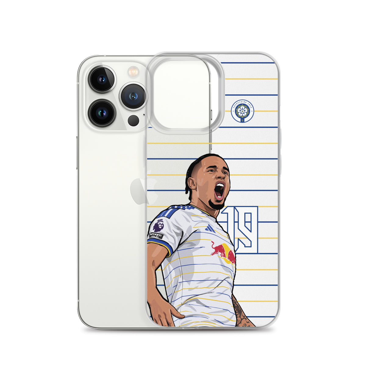 Clear iPhone case with transparent cover and Noah Okafor player graphic on white and blue stripes