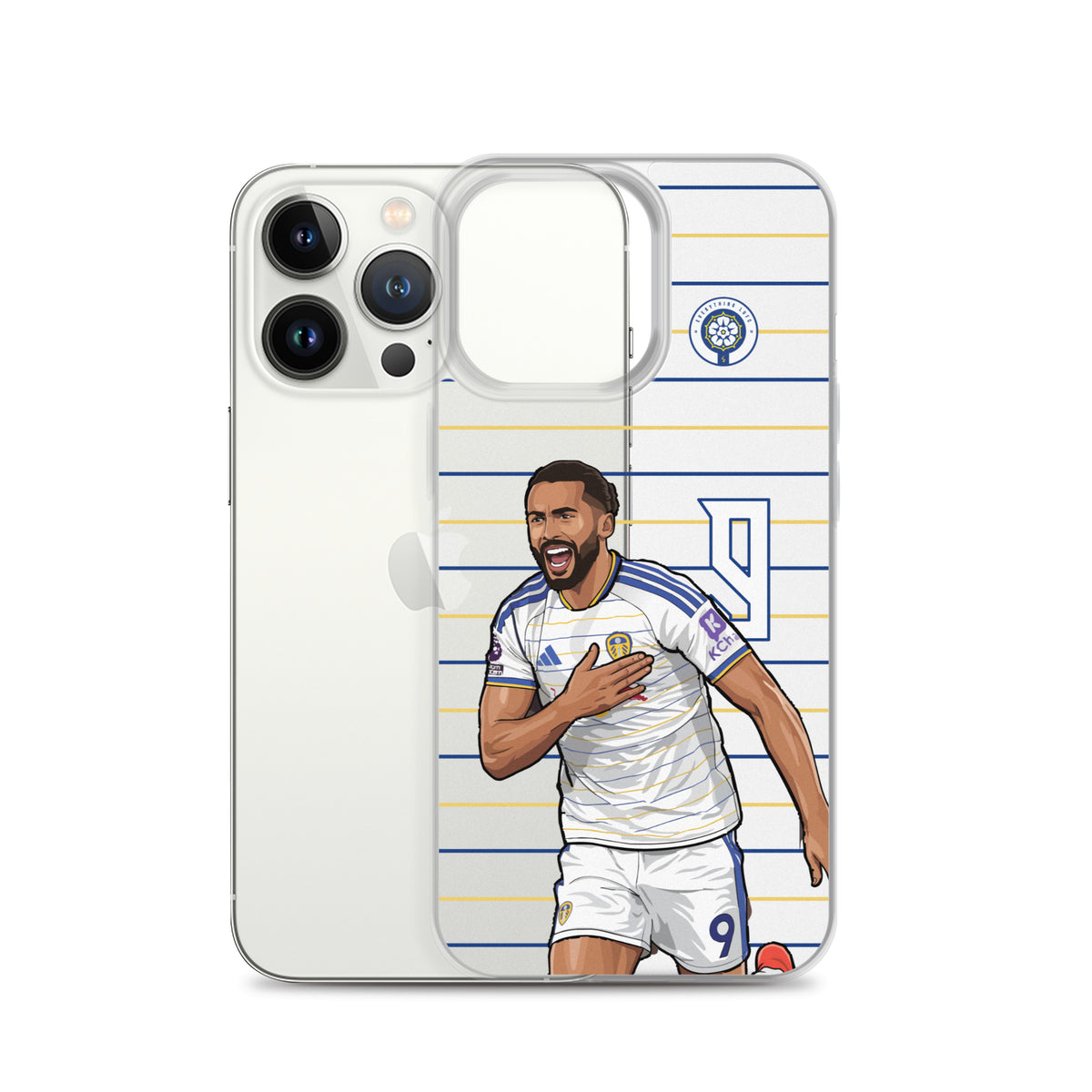 Clear iPhone case with Dominic Calvert-Lewin celebration graphic, blue/gold stripes, crest.