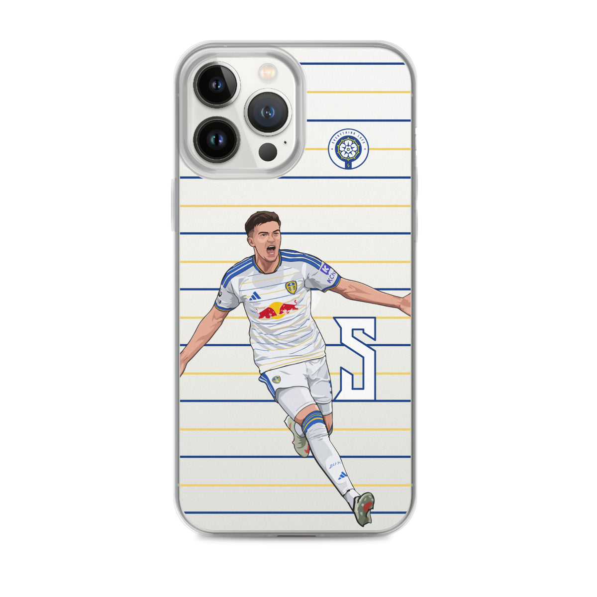 iPhone clear case featuring Leeds United player running on blue and gold stripe design