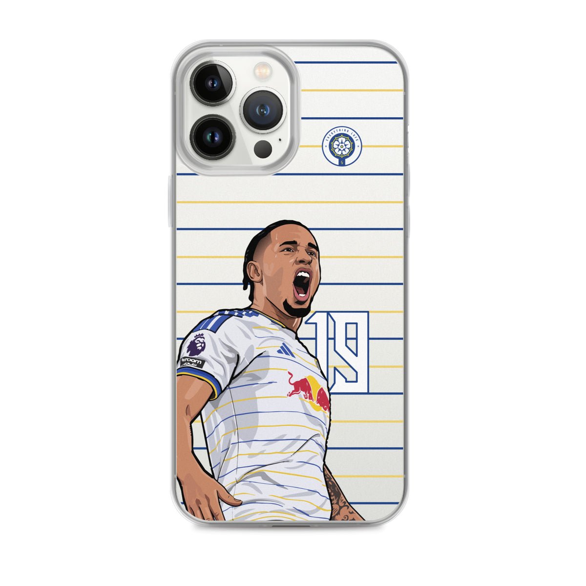 Clear iPhone case featuring soccer player celebration print on blue-and-yellow striped design