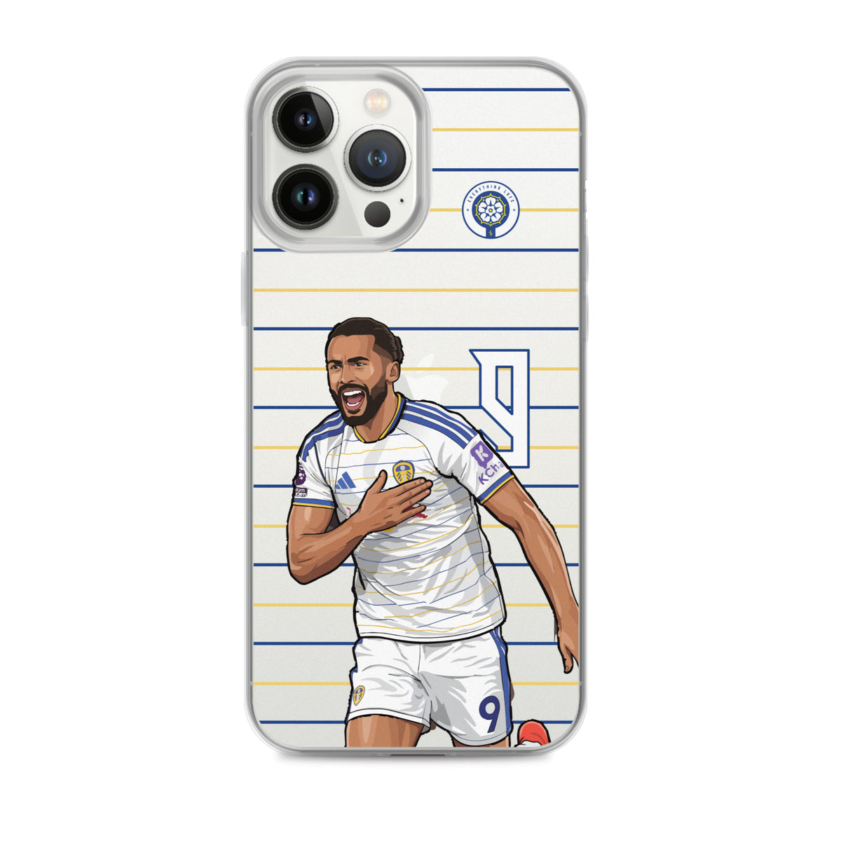 Clear iPhone case with Dominic Calvert-Lewin celebration figure and blue-and-yellow stripes