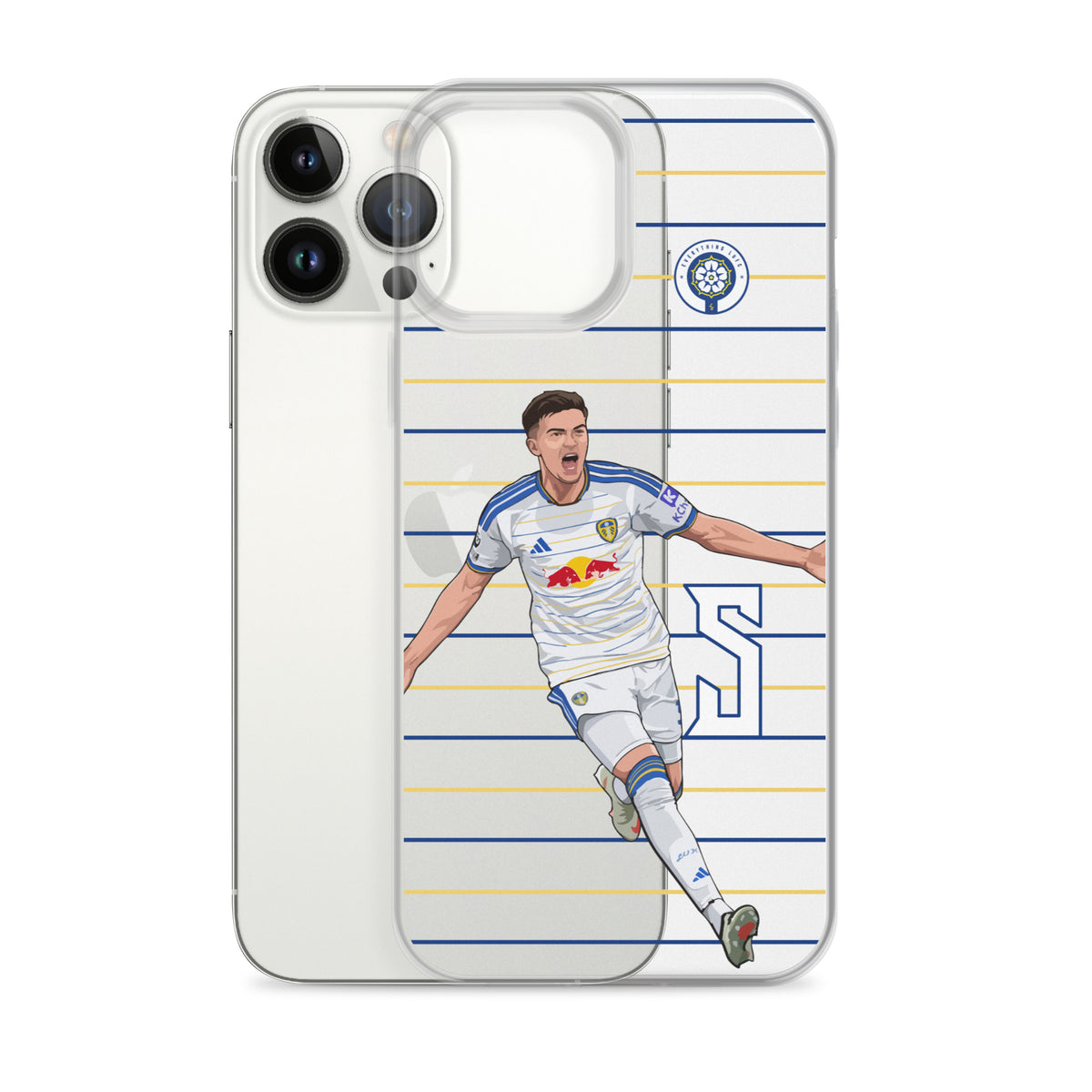 iPhone clear case with raised screen cover and Leeds United player illustration