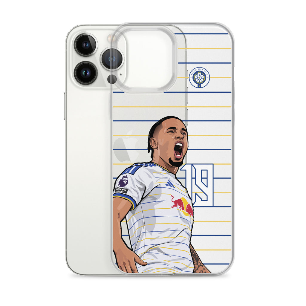 Clear iPhone case with soccer player celebration graphic and club badge on striped background