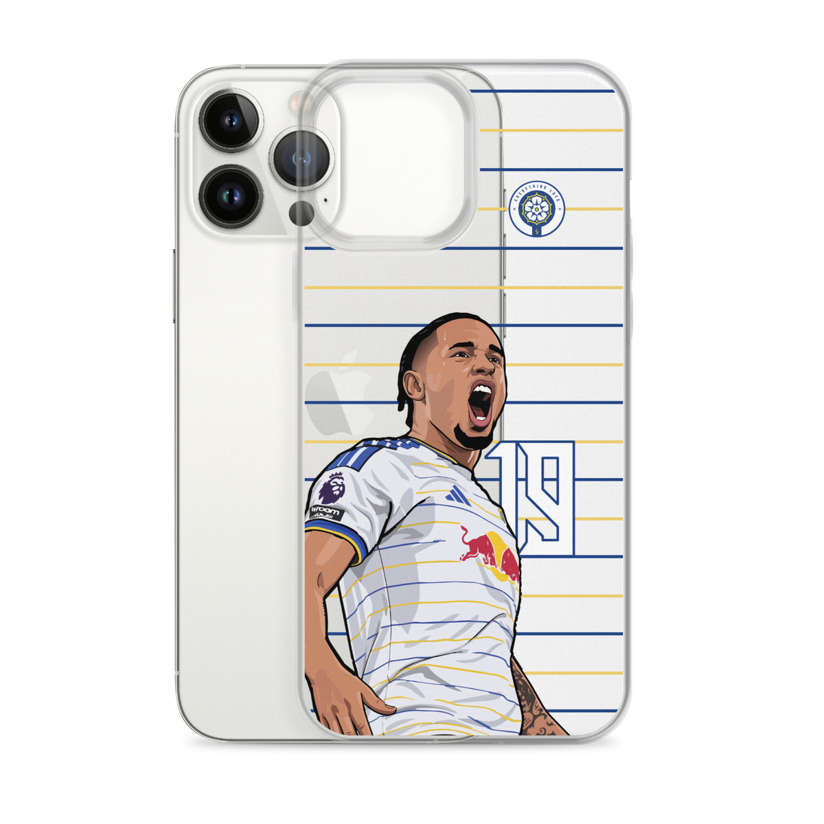 Clear iPhone case with soccer player celebration graphic and club badge on striped background