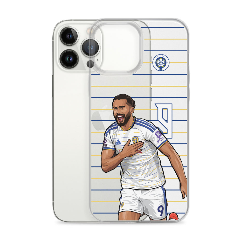 Clear iPhone case with Dominic Calvert-Lewin celebration graphic and front camera openings