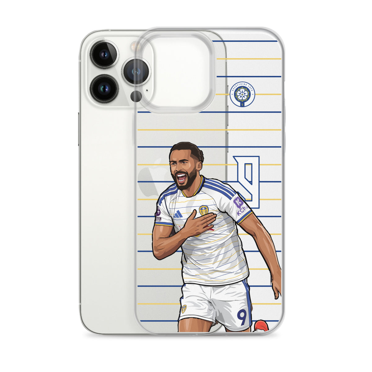 Clear iPhone case with Dominic Calvert-Lewin celebration graphic and front camera openings