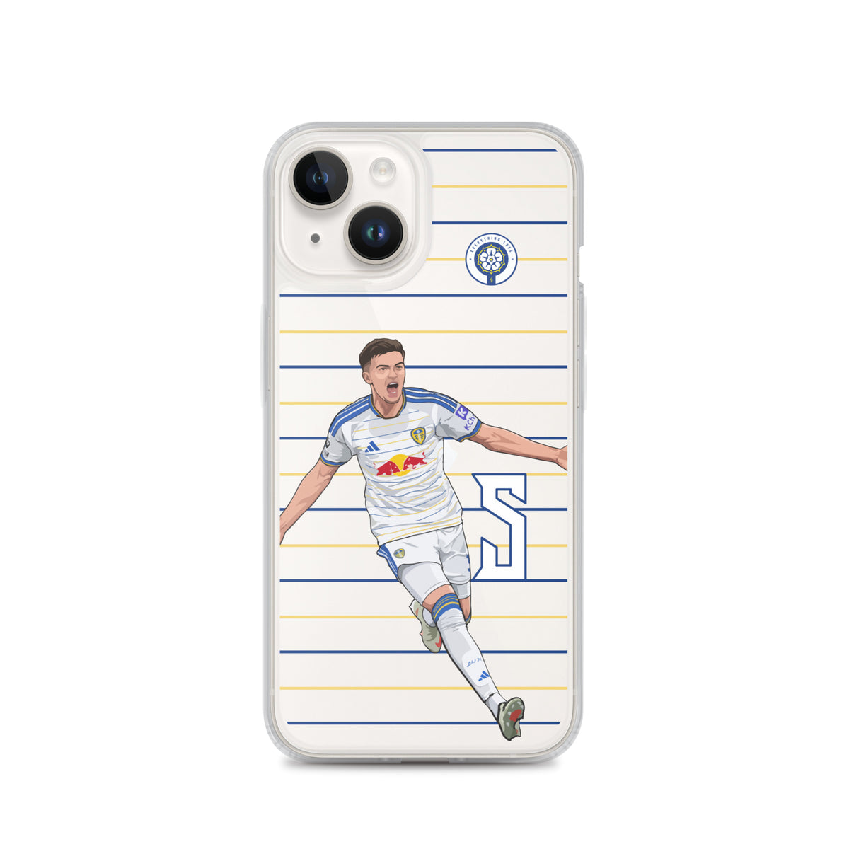 iPhone clear case with Leeds United crest and player art on blue and yellow stripes
