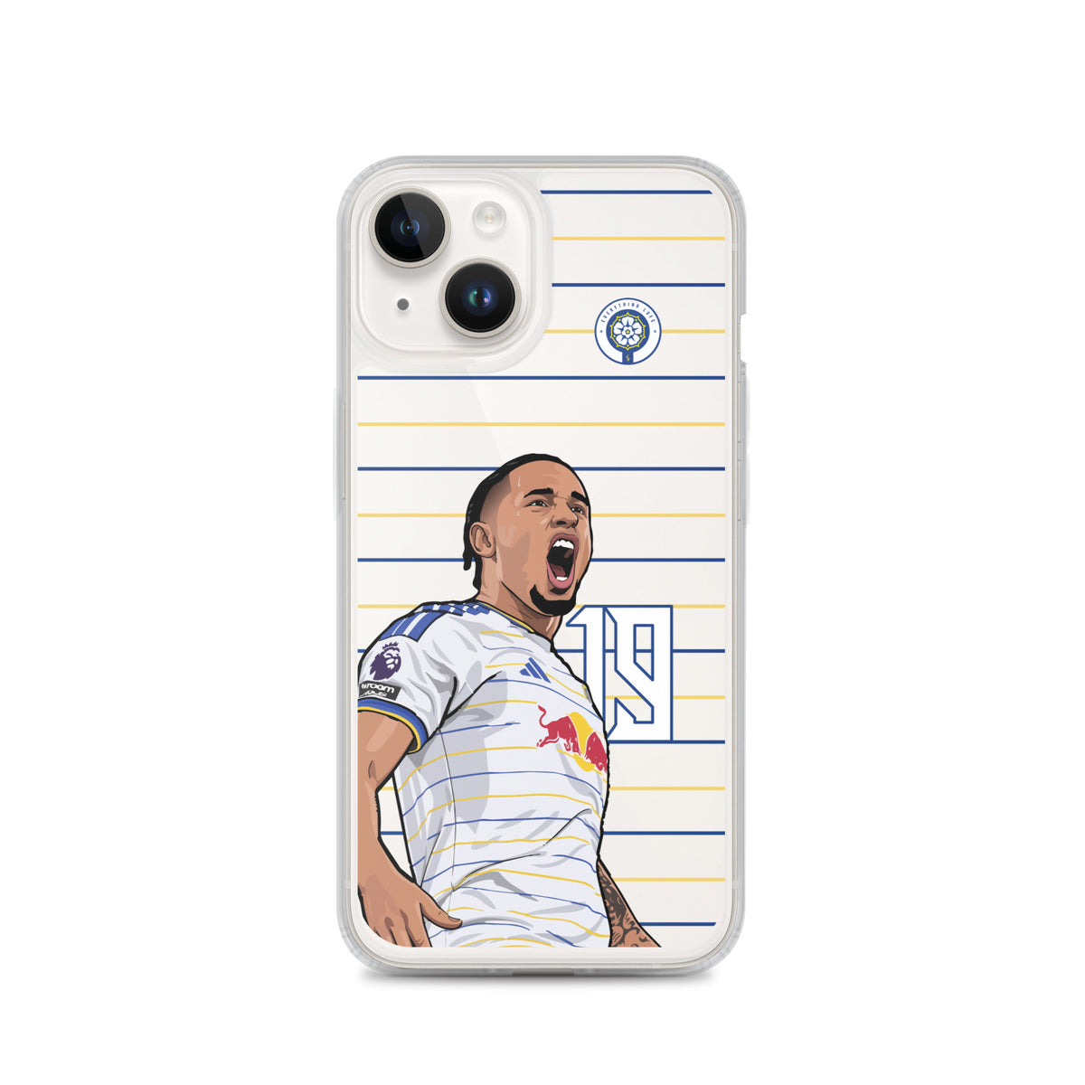 Clear iPhone case with Noah Okafor player illustration and blue-yellow striped design