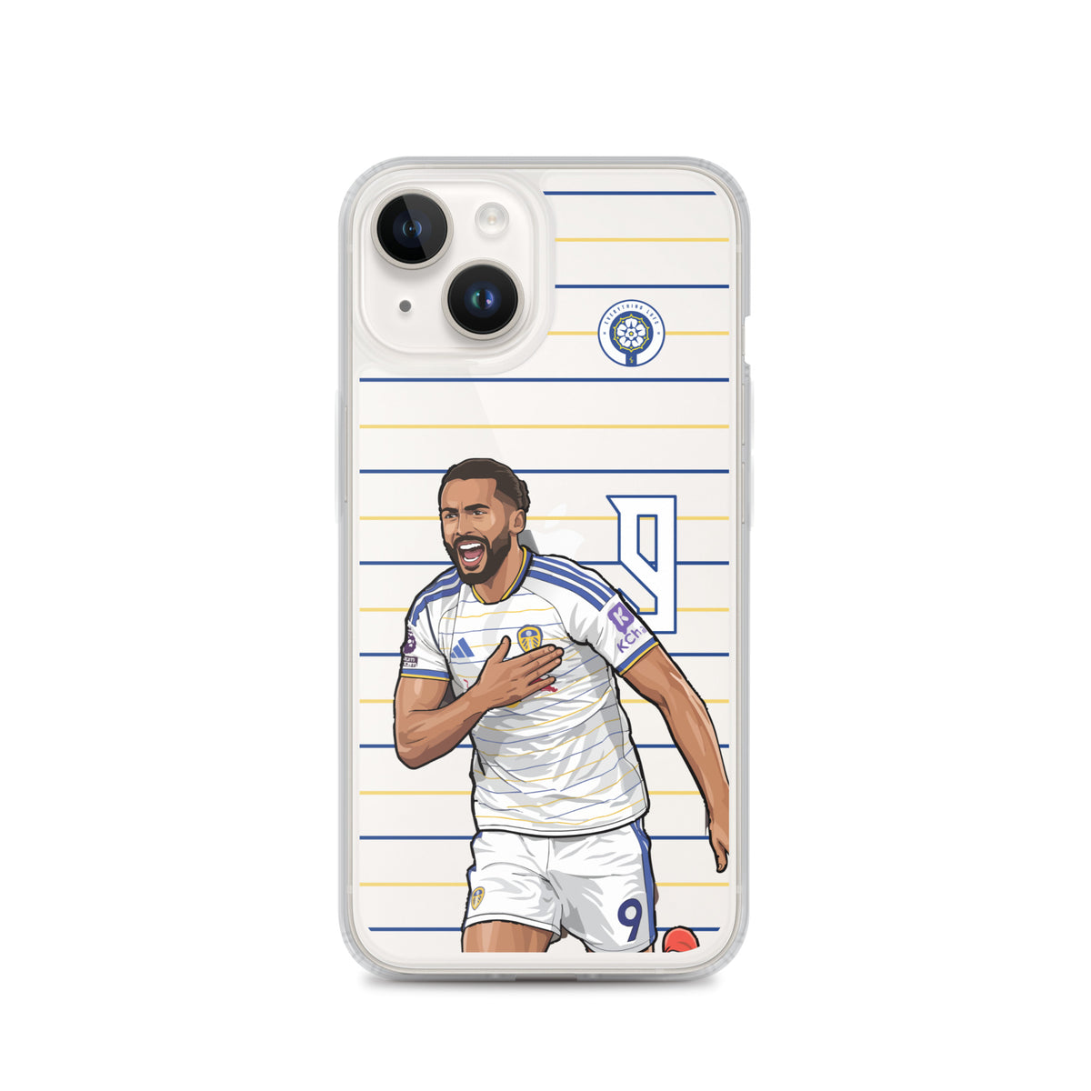 Clear iPhone case with Calvert-Lewin player graphic on blue and gold striped background.
