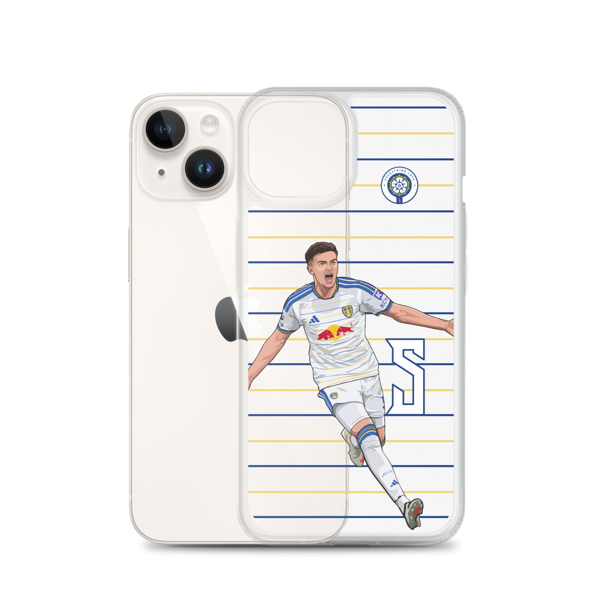 iPhone clear case showing back and front with Leeds United player graphic