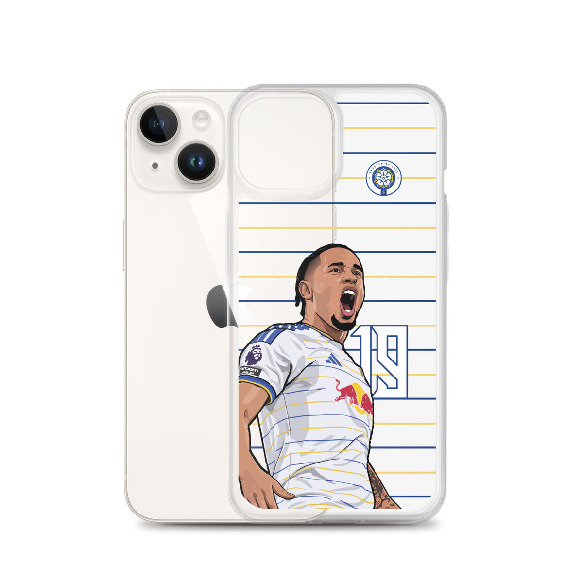 Clear iPhone case with Noah Okafor artwork and blue-yellow horizontal stripe pattern
