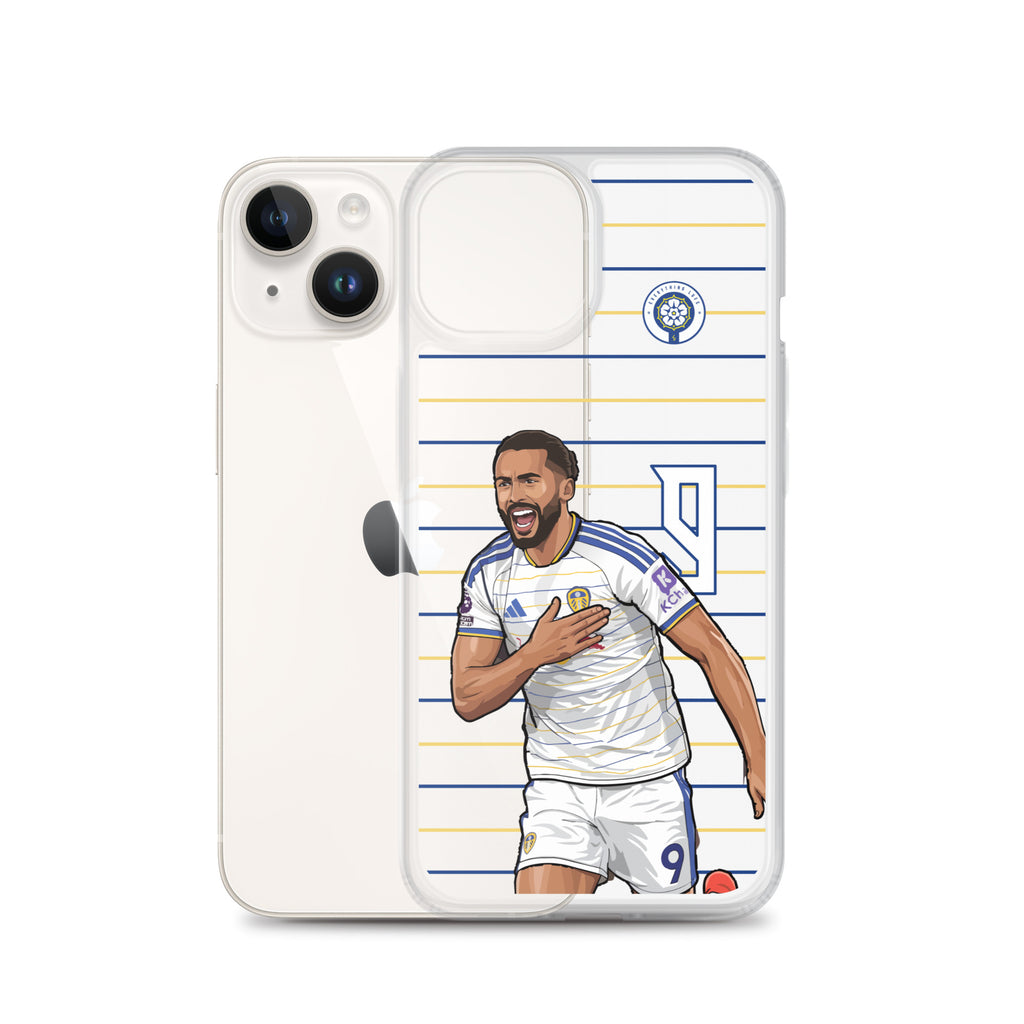 Clear iPhone case featuring Calvert-Lewin artwork, blue/gold stripes, and crest.