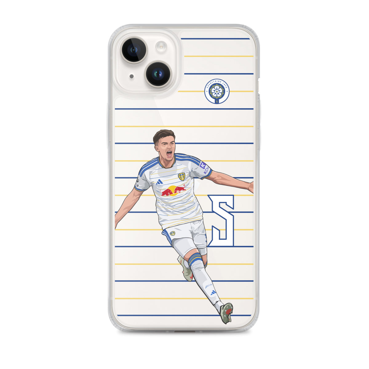 iPhone clear case featuring Leeds United player mid-stride on striped background