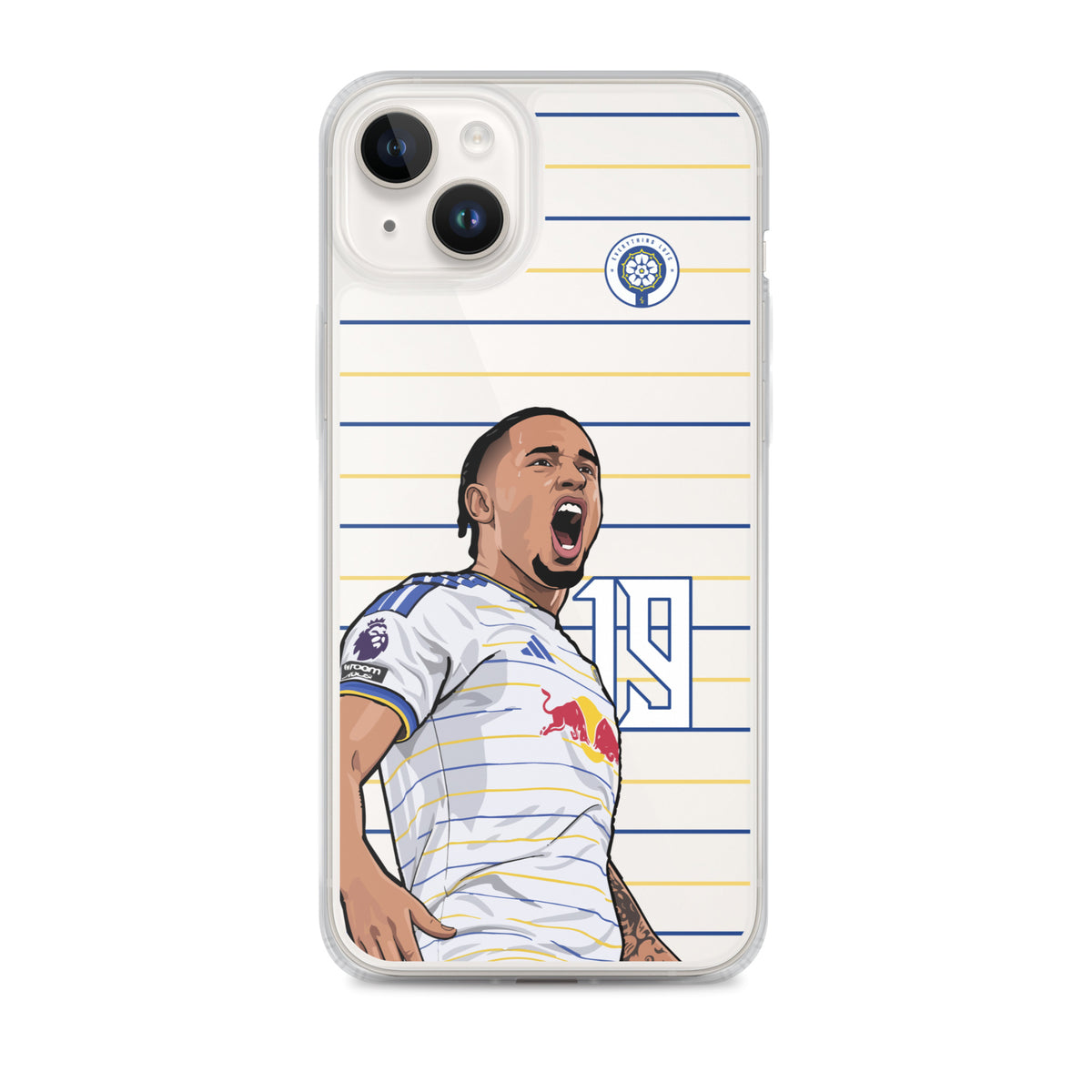 Clear iPhone case featuring Noah Okafor celebration graphic over blue and yellow stripes