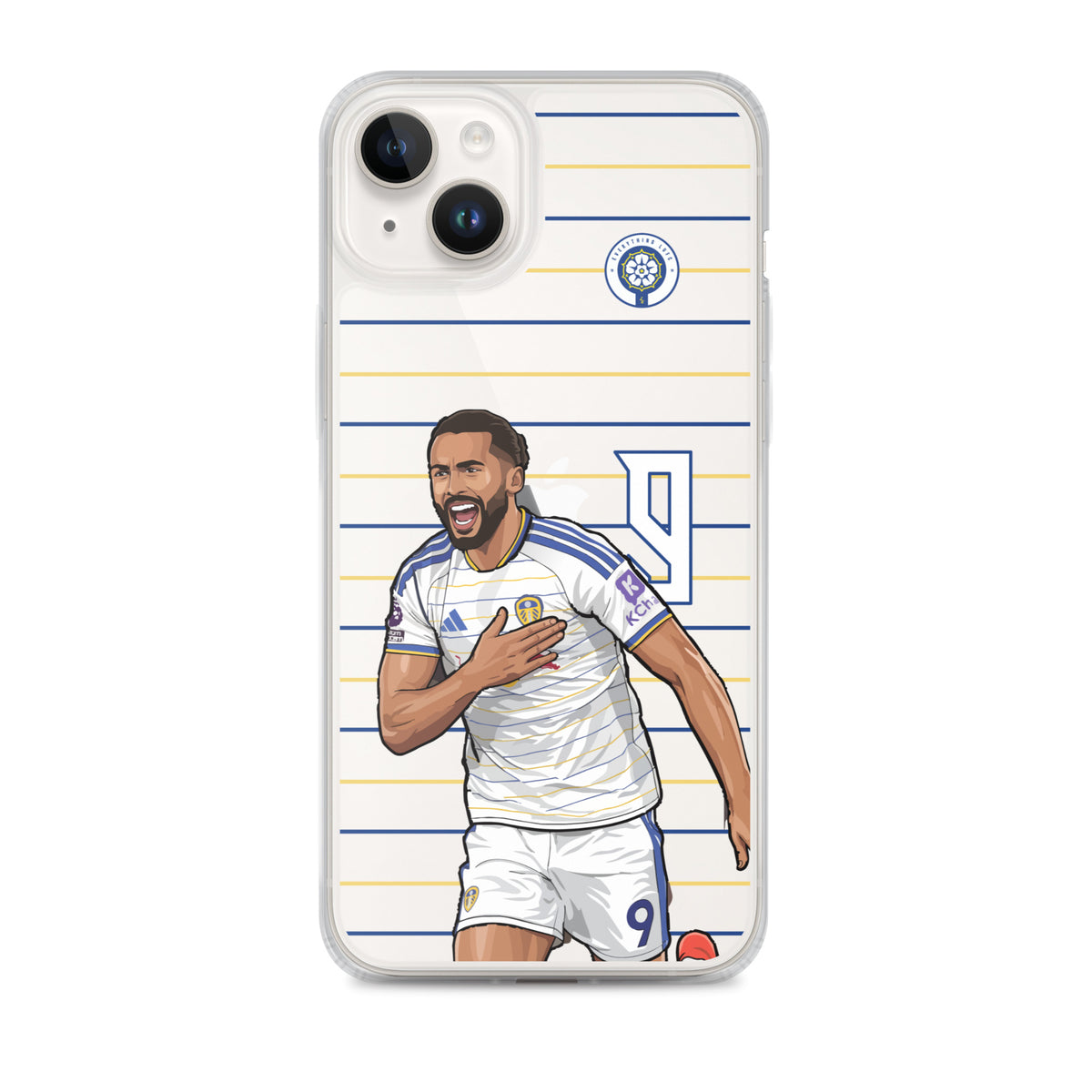 Clear iPhone case with Dominic Calvert-Lewin graphic and blue/gold striped design.