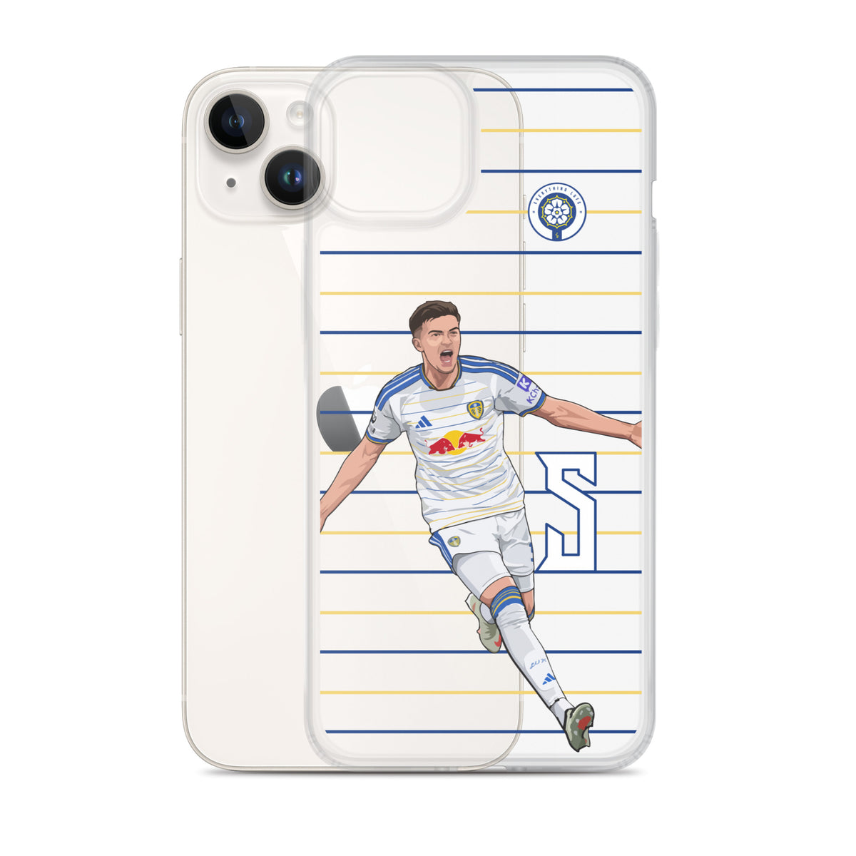 iPhone clear case with clear back panel and Leeds United player illustration