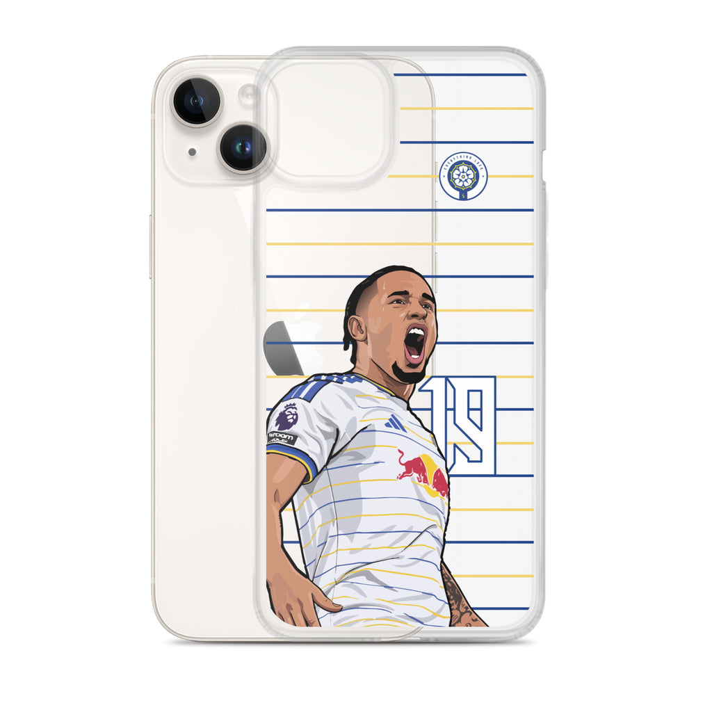 Clear iPhone case with Noah Okafor player graphic and striped pattern on the back