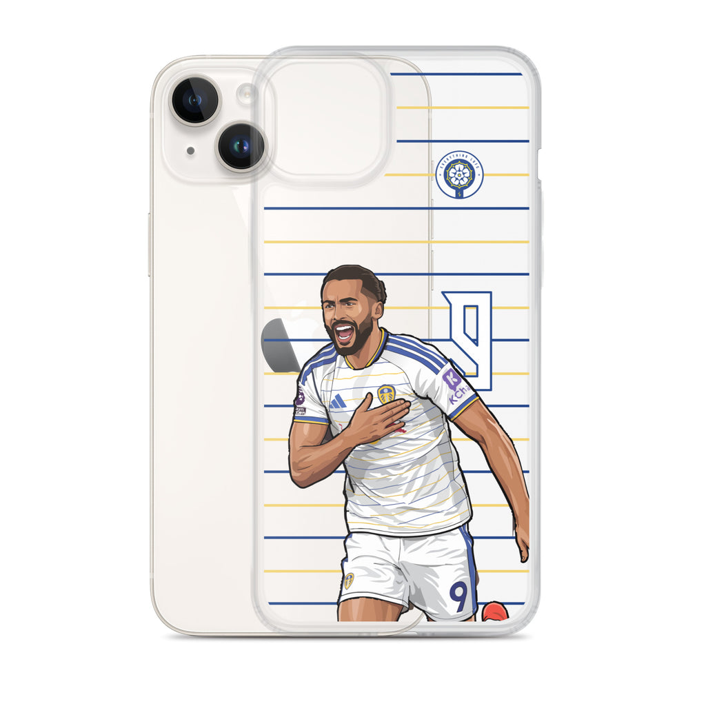 Clear iPhone case with Calvert-Lewin artwork, blue and gold stripes, and club crest.