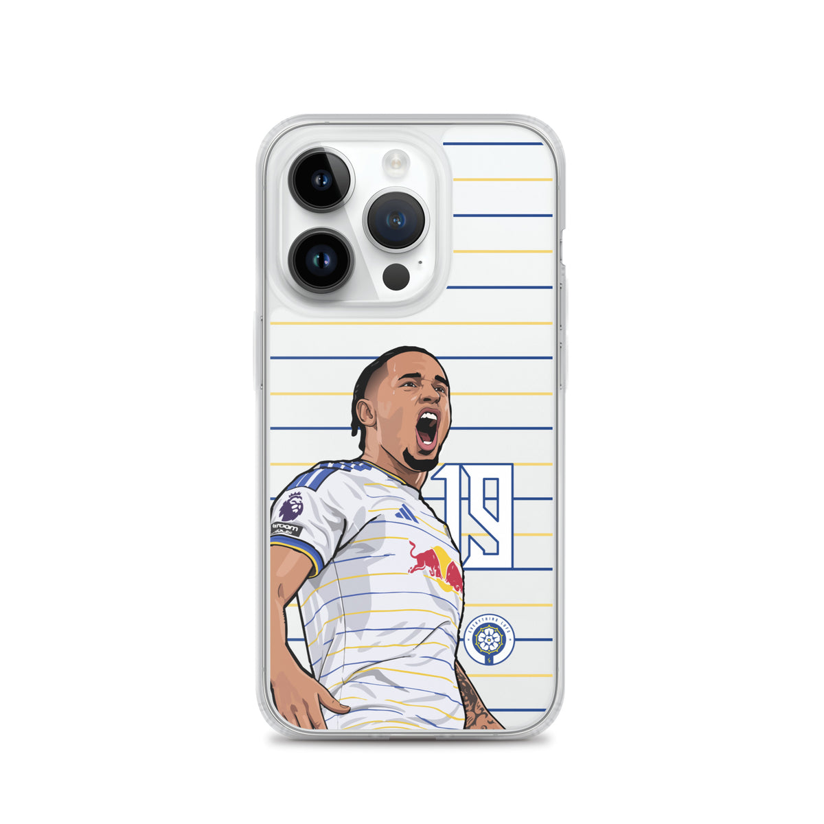 Transparent iPhone case with soccer player graphic and white jersey design