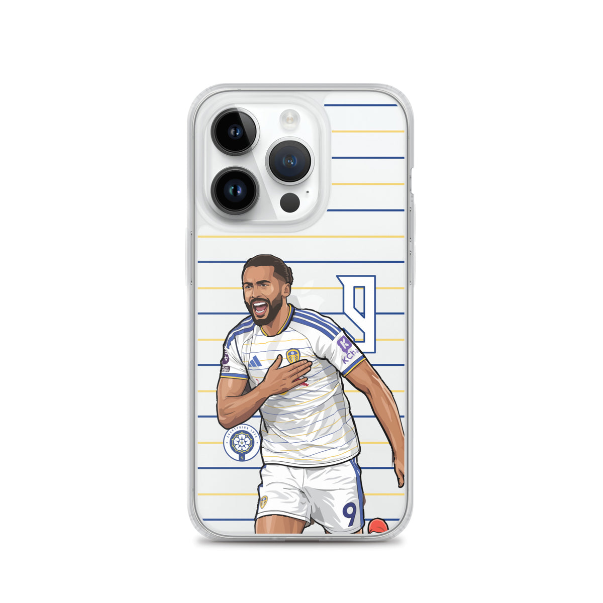Clear iPhone case featuring Dominic Calvert-Lewin in white kit with blue and yellow stripes