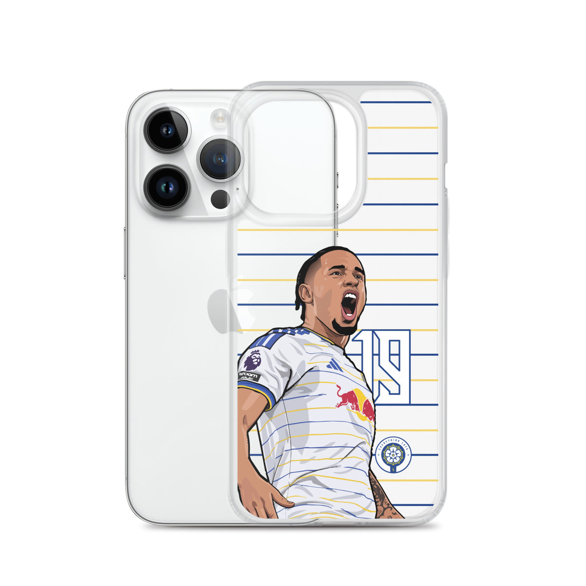 Clear iPhone case with soccer player graphic on a blue and yellow striped background