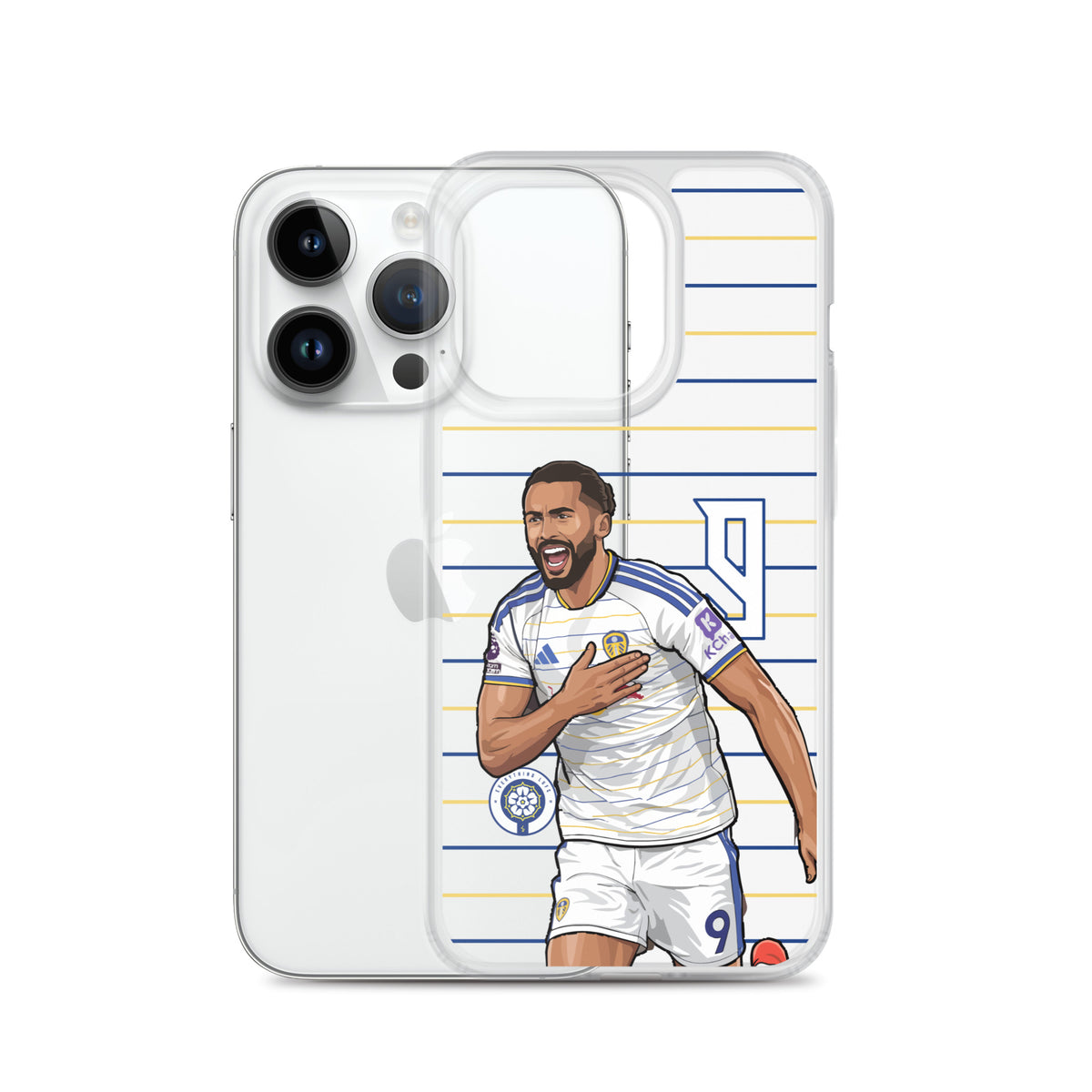 Clear iPhone case with Dominic Calvert-Lewin celebration artwork and blue/yellow striped background