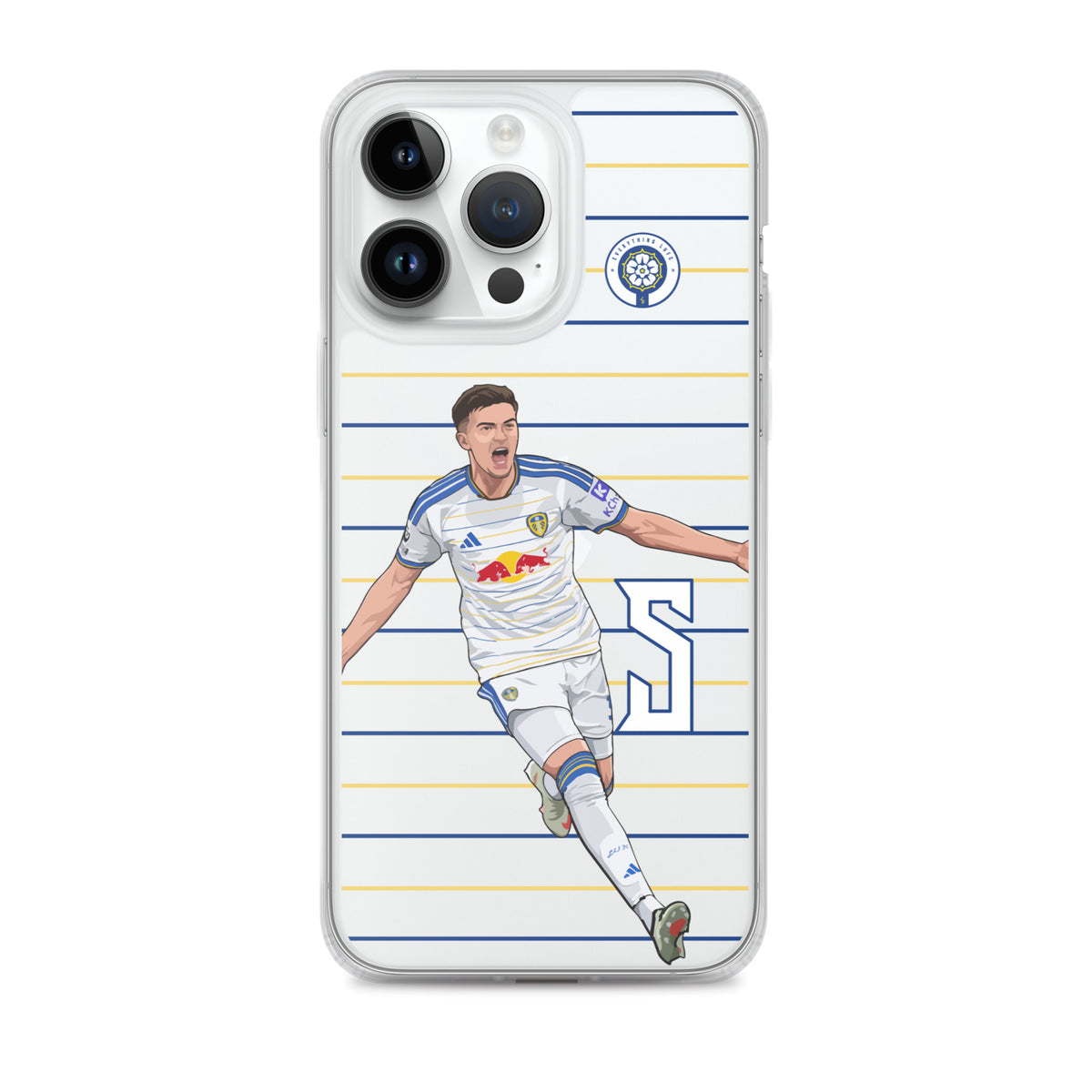 iPhone clear case with Leeds United player graphic and blue and gold horizontal stripes