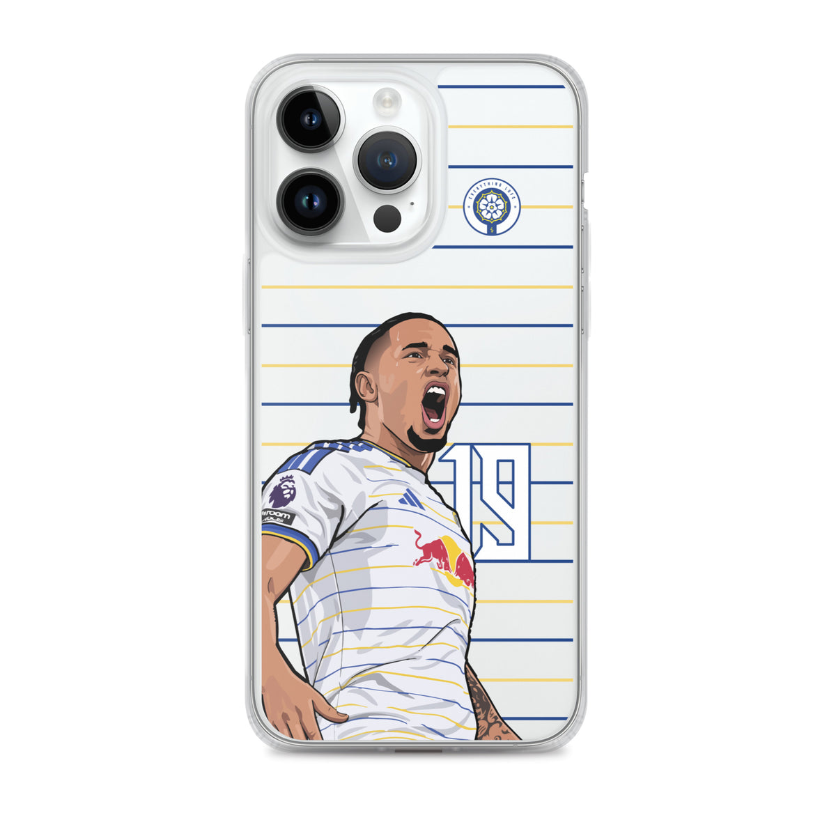 Clear iPhone case showing Noah Okafor artwork with blue and yellow horizontal lines