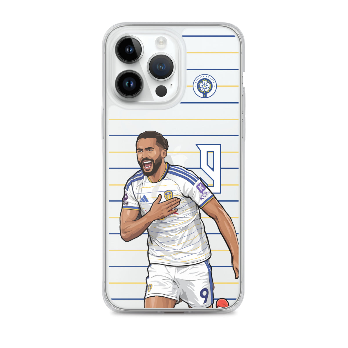 Clear iPhone case with player illustration, blue/gold stripe pattern, and crest logo.