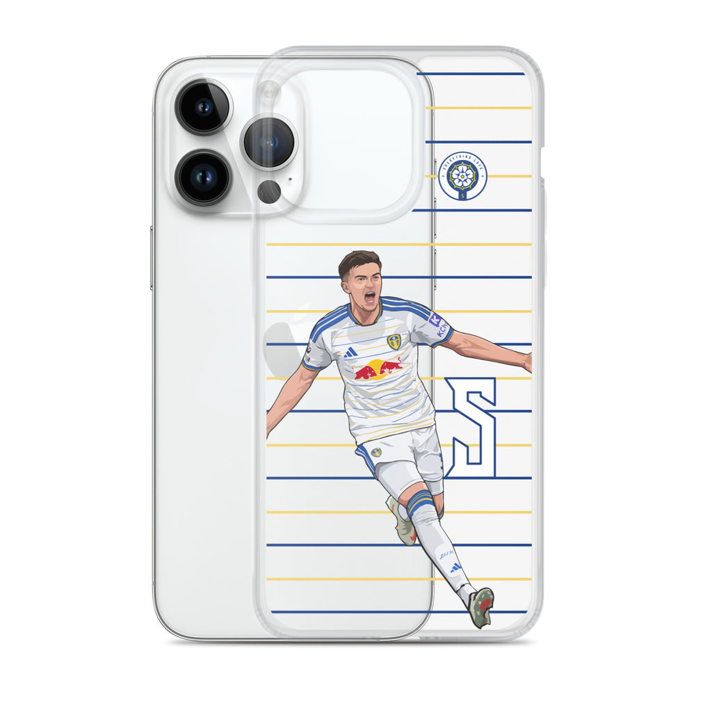 iPhone clear case with front and back view, Leeds United player on striped design