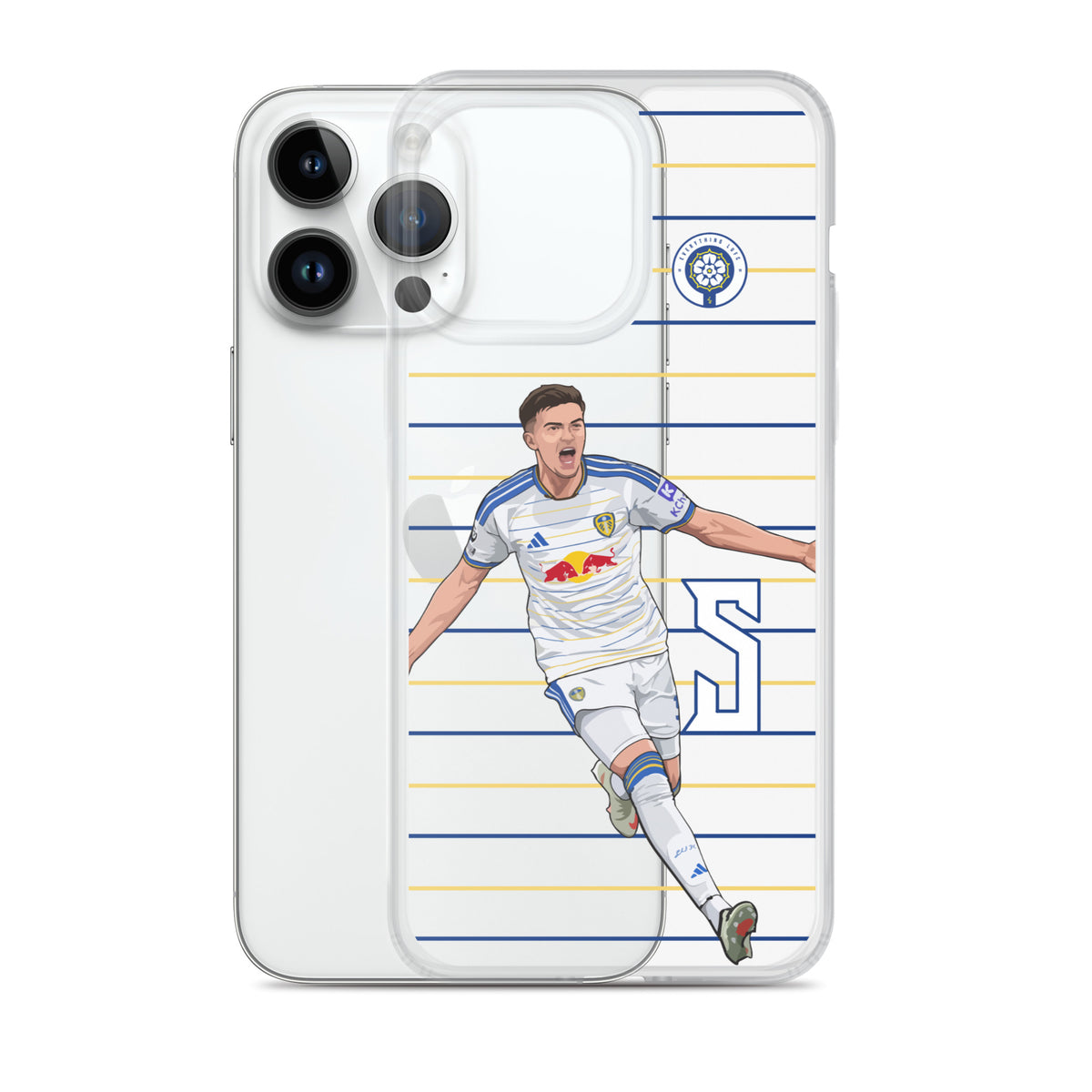 iPhone clear case with front and back view, Leeds United player on striped design