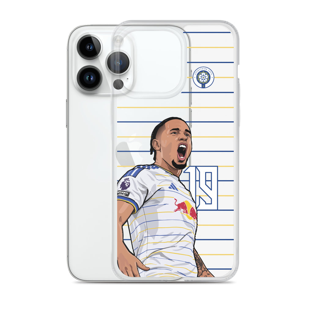Clear iPhone case with transparent edges and Noah Okafor celebration graphic on stripes