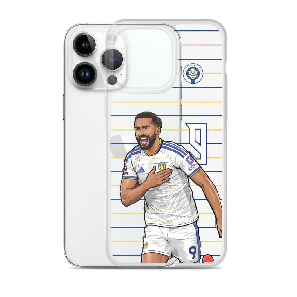 Clear iPhone case with Dominic Calvert-Lewin celebration art over blue/gold stripes.
