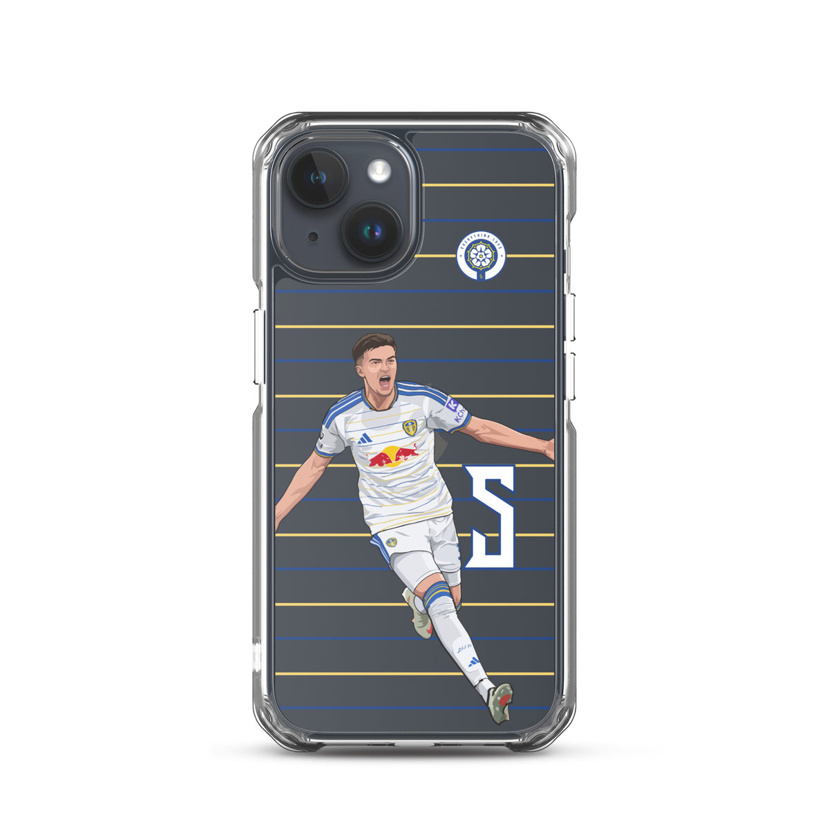 Transparent iPhone clear case with soccer player graphic and crest on blue/yellow stripes