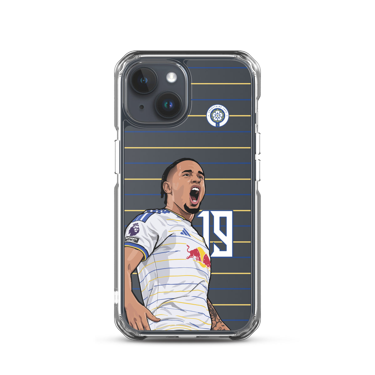Transparent iPhone case with player graphic and horizontal blue-and-yellow stripe design