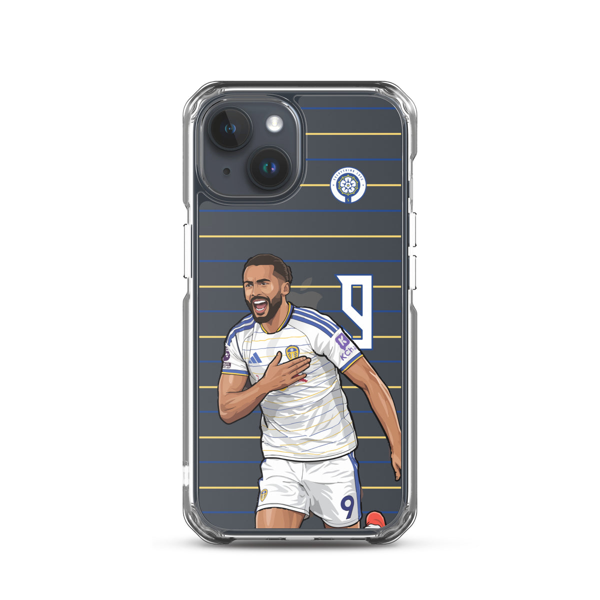 Transparent iPhone case featuring Calvert-Lewin in white kit over blue and gold stripes