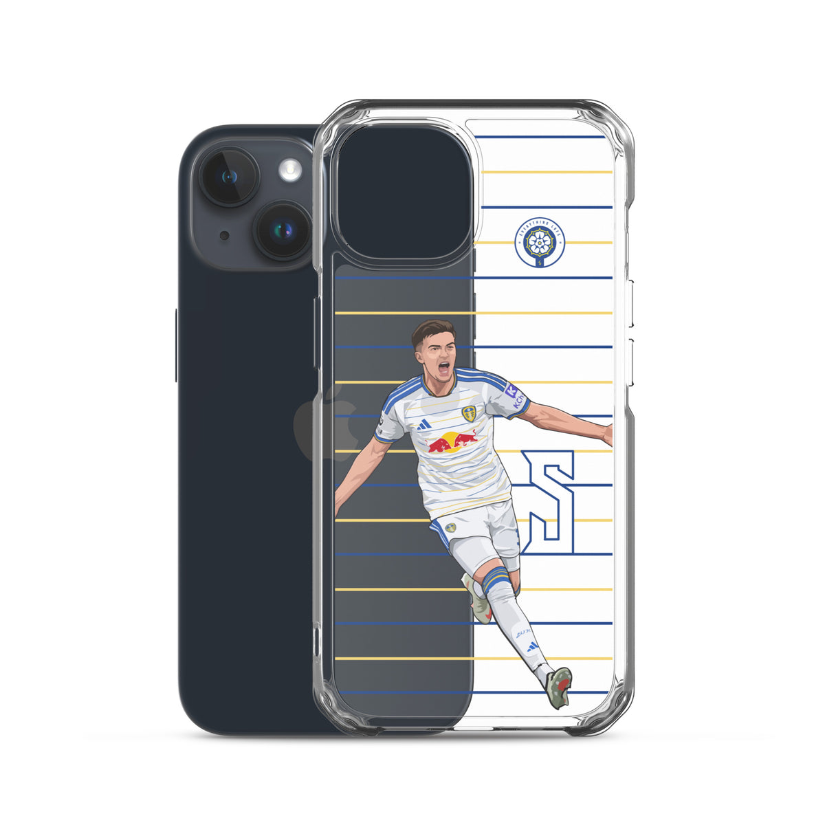 Transparent iPhone clear case with soccer player graphic and crest on blue and white stripes