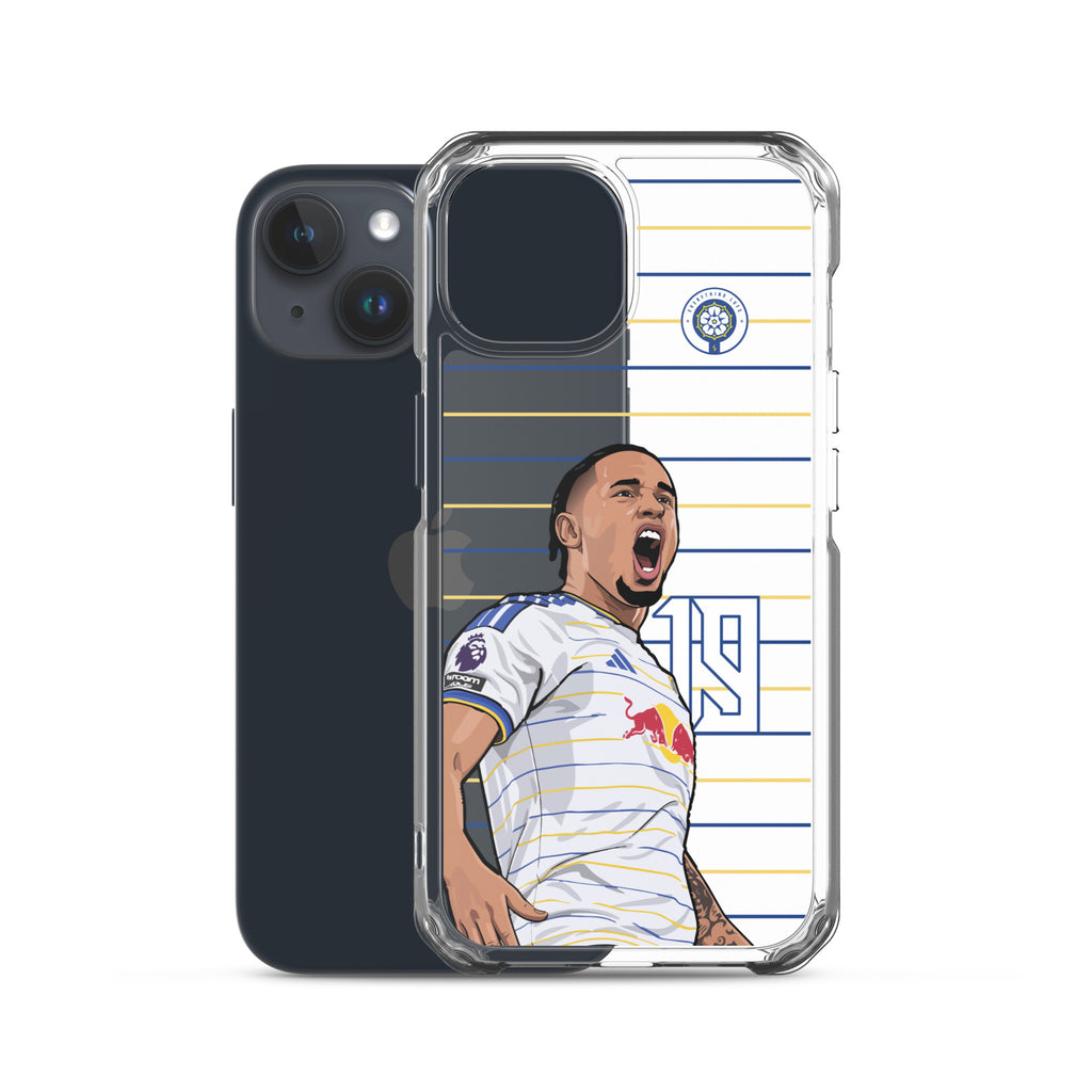 Clear iPhone case with player celebration artwork and Leeds-style badge on stripes