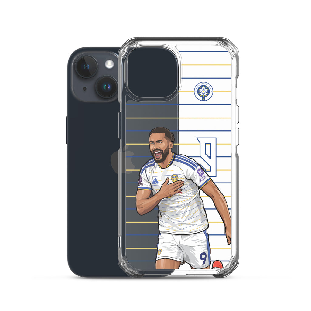 Clear iPhone case with Calvert-Lewin graphic, blue-and-yellow stripes, and club emblem