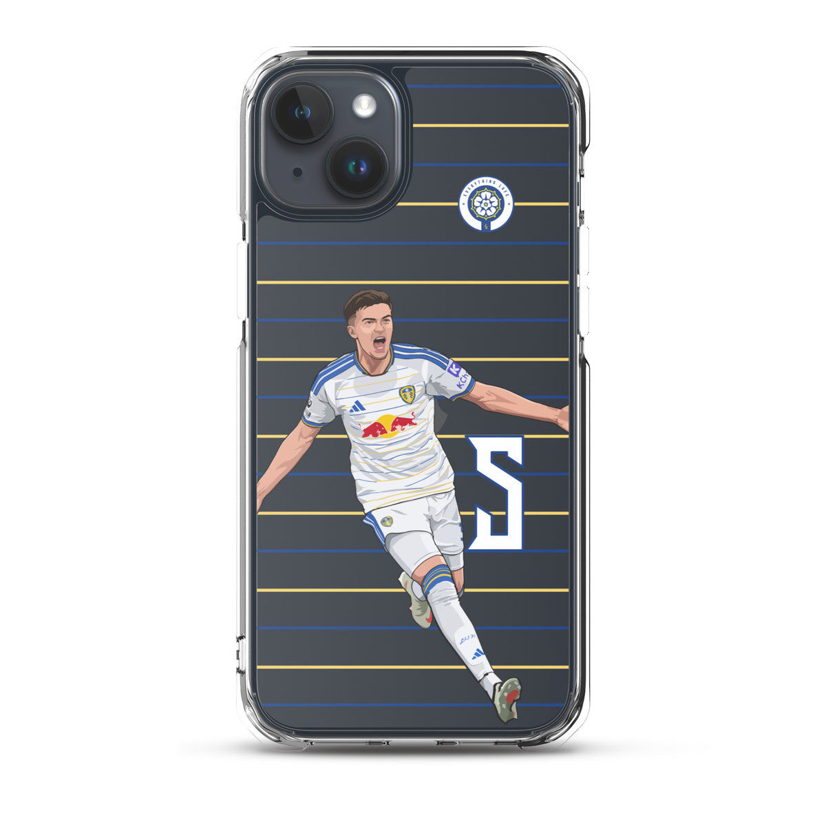 Transparent iPhone clear case showing soccer player celebration graphic on blue stripe background