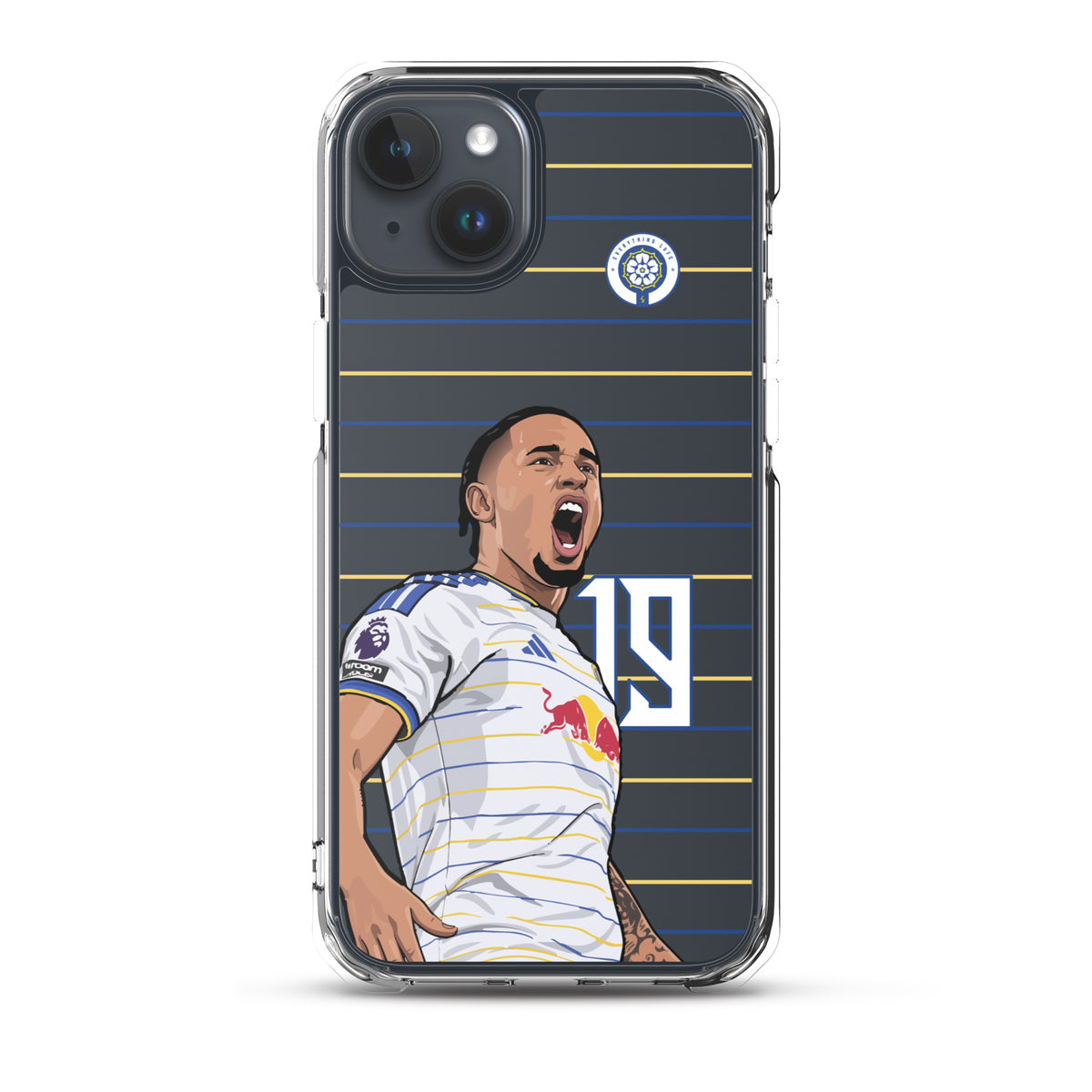 Clear iPhone case with transparent border and Noah Okafor graphic over dark blue stripes