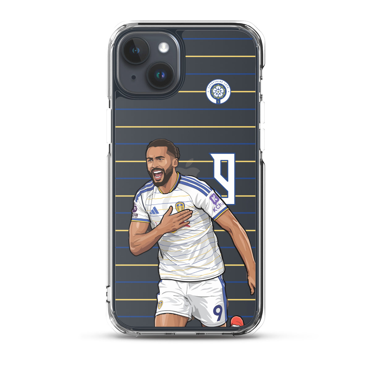 Clear iPhone case with Calvert-Lewin graphic on dark blue striped background, crest.