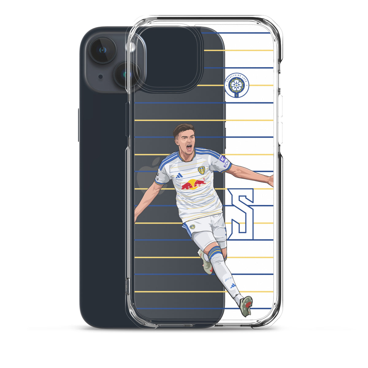 Transparent iPhone clear case with soccer player graphic, crest emblem, and striped design