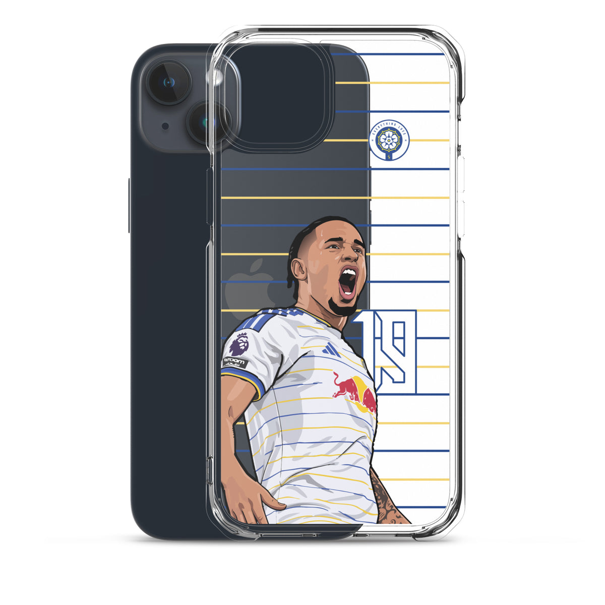 Clear iPhone case with celebrating player graphic and blue-and-yellow striped pattern
