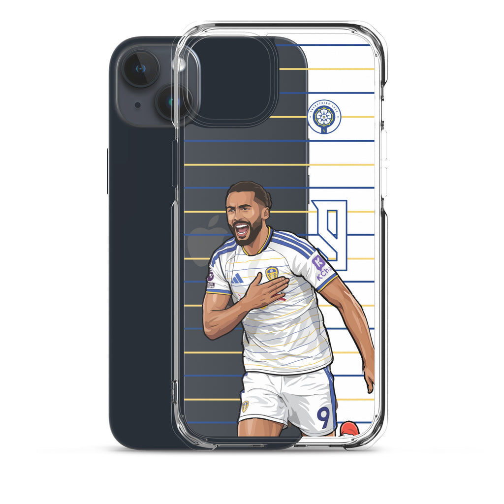 Clear iPhone case with Dominic Calvert-Lewin player graphic on blue-and-yellow stripes