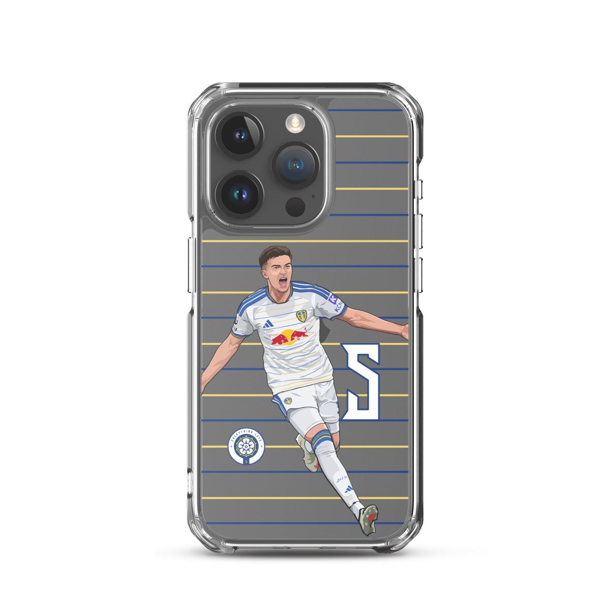 Clear iPhone case with soccer player graphic, blue and yellow horizontal stripe design